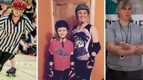 Roller derby non-skating official, Dena, Roller derby referee, Gill, Roller derby skaters Katy and Nicola