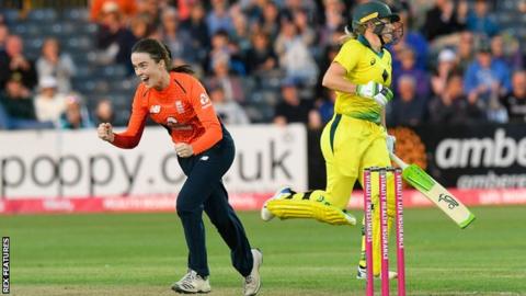 England spinner Mady Villiers celebrates taking a wicket against Australia