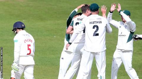 Worcestershire celebrate the dismissal of Kiran Carlson