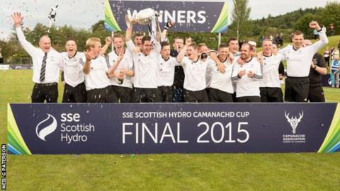 Lovat celebrate winning the Camanachd Cup
