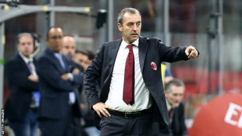 Former AC Milan manager Marco Giampaolo points on the sidelines