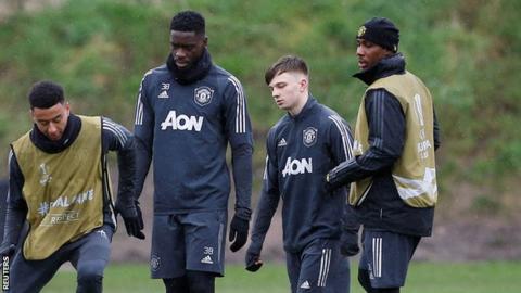 (lLeft to right) Manchester United's Jesse Lingard, Axel Tuanzebe, Connor Stanley and Odion Ighalo
