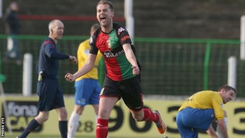 Ciaran Caldwell celebrates scoring Glentoran's second goal against Ballymena at the Oval