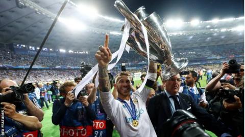 Real Madrid captain Sergio Ramos with the 2018 Champions League trophy