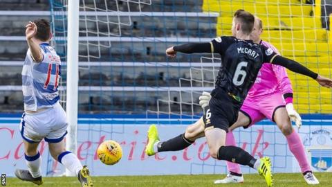 Bob McHugh (left) scores the second of his two goals for Morton
