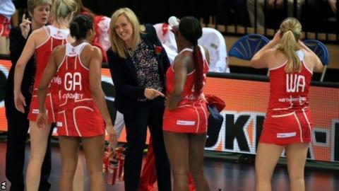 Tracey Neville coaching England against Trinidad & Tobago in June