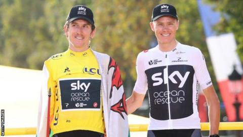 Geraint Thomas and Chris Froome on the Tour de France podium in 2018