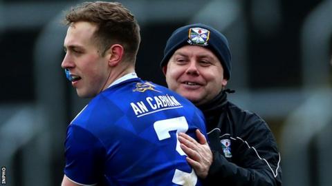 Cavan boss Mickey Graham celebrates with Padraig Faulkner after last weekend's win in Laois