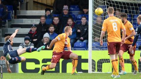 Craig Curran fires a shot into the top corner of the net