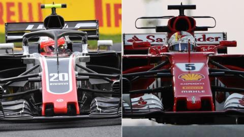The 2018 Haas (left) alongside the 2017 Ferrari