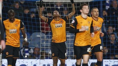 Tigers top scorer Abel Hernandez celebrates his 12th goal of the season at Loftus Road