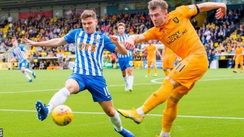 Kilmarnock's Greg Kiltie (left) competes with Livingston's Nicky Cadden