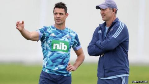 Dan Carter with Blues coach Leon McDonald during a training session on Thursday