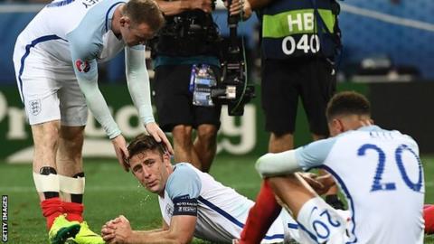 England players react after losing to Iceland at the Euro 2016