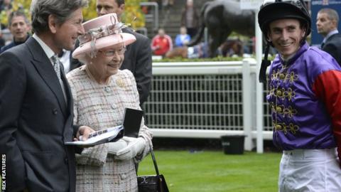 Her Majesty the Queen with racing manager John Warren and champion jockey Ryan Moore