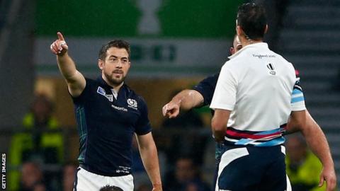 Scotland captain Greig Laidlaw appeals to referee Craig Joubert after he awarded Australia a last-gasp penalty