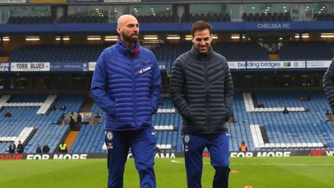 Cesc Fabregas and Willy Caballero at Stamford Bridge
