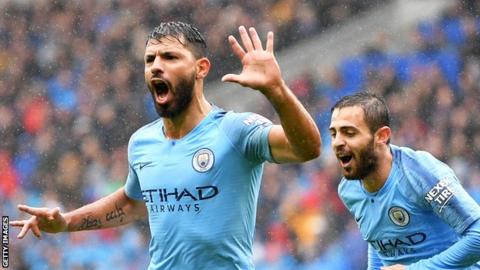 Sergio Aguero marked his 300th appearance for Manchester City with a goal