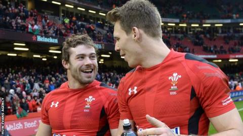 Leigh Halfpenny shares a joke with Liam Williams after a Wales international match