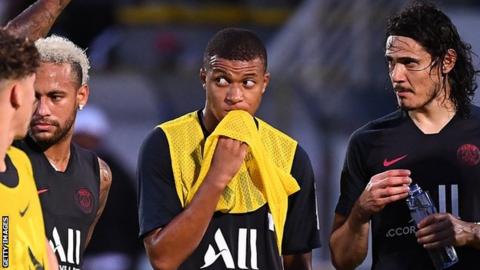Neymar Kylian Mbappe and Edinson Cavani playing for Paris Saint-Germain