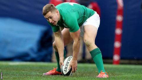 Jordan Larmour touches down for the second of his three tries against Italy in Chicago