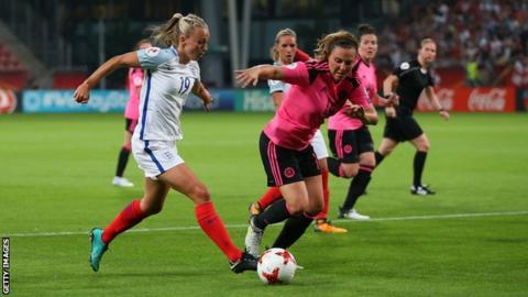 England's Toni Duggan shield the ball from Scotland's Rachel Corsie during a women's Euro 2017 tie