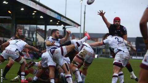 Bordeaux-Begles scrum-half Jules Gimbert clears to touch
