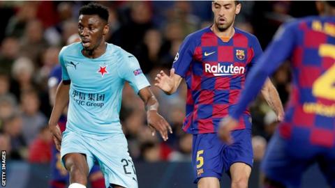 Ivorian Ibrahim Traore in action for Slavia Prague against Barcelona
