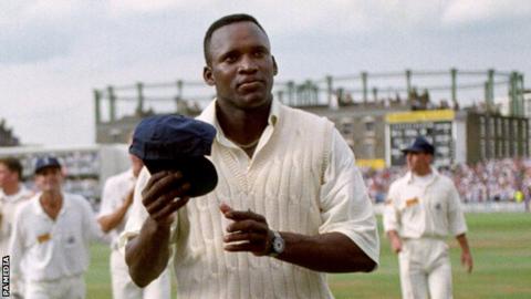 England fast bowler Devon Malcolm acknowledges the crowd after taking 9-57 against South Africa at The Oval in 1994