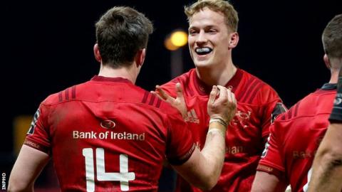 Darren Sweetnam and Mike Haley celebrate Munster's go-ahead try