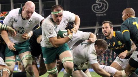 Rhys Ruddock bursts clear to score one of Ireland's tries in their win over the Springboks last November