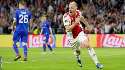 Ajax midfielder Donny van de Beek celebrates scoring against Dynamo Kiev