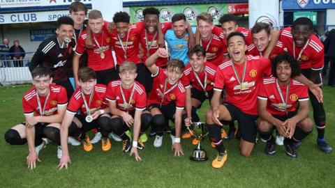 Manchester United celebrate winning the 2017 Super Cup NI Challenge Cup