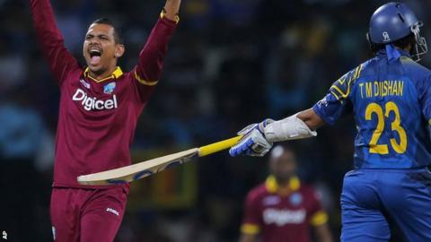 Sunil Narine appeals for a wicket