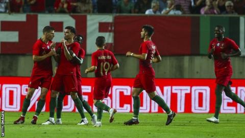 Pepe is congratulated after scoring for Portugal