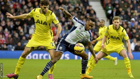 Saido Berahino playing for West Brom against Tottenham in January 2015