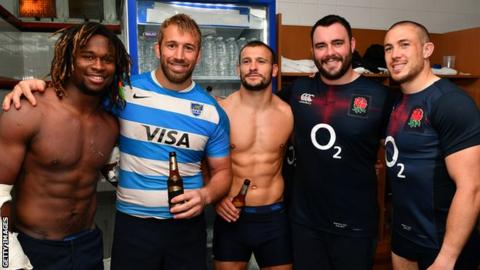 England's Will Collier (2nd right) with Harlequins team-mates Marland Yarde, Chris Robshaw, Danny Care and Mike Brown during the Argentina tour