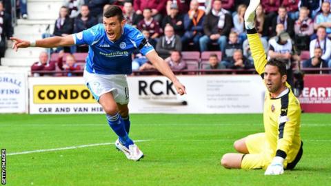 Graham Cummins wheels away after scoring on debut for St Johnstone against Hearts