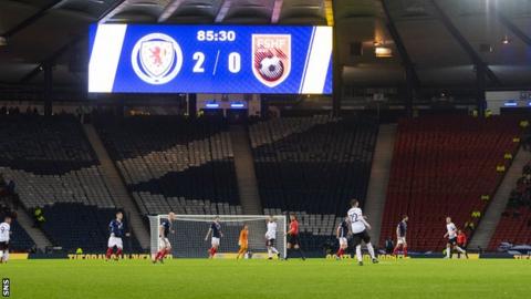 The Hampden scoreboard shows '2-0' at Scotland's game with Albania