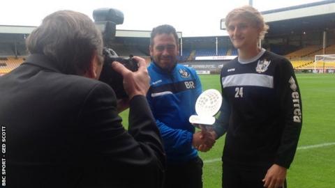 Nathan Smith was presented with his trophy by boss Bruno Ribeiro after becoming the first Vale player to win the Young Player of the Month award