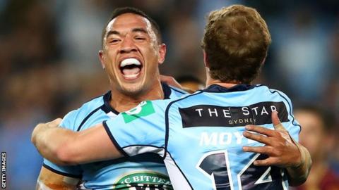 Tyson Frizell celebrates his second try for New South Wales