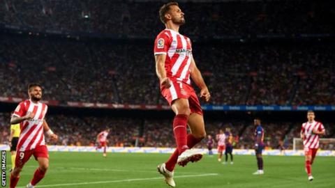 Cristhian Stuani celebrates scoring for Girona at Barcelona