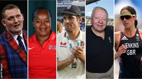 From left to right: Doddie Weir, Paula Dunn, Alastair Cook, Bill Beaumont and Helen Jenkins