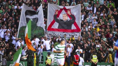 Celtic fans displayed banners during the win over Linfield in Glasgow