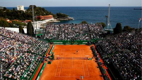 A general view of Court Rainier III as Rafael Nadal of Spain plays Grigor Dimitrov in the 2019 Monte Carlo Open