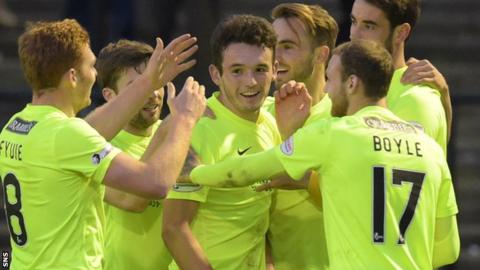 Hibs players celebrate John McGinn's stunning strike
