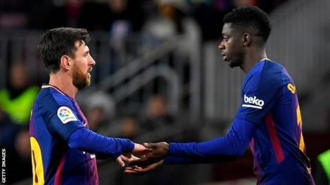 Lionel Messi is replaced by Ousmane Dembele during Barcelona's Copa del Rey win over Celta Vigo on 11 January