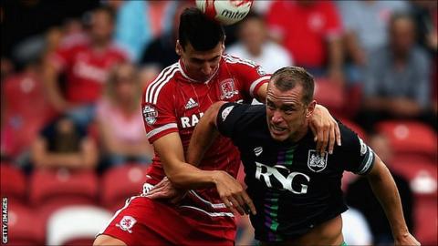 Daniel Ayala of Middlesbrough and Aaron Wilbraham of Bristol City