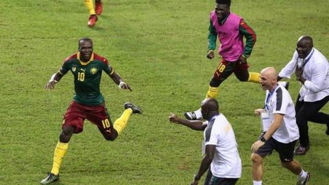 Cameroon players celebrate Vincent Aboubakar's winner in the 2017 Africa Cup of Nations final