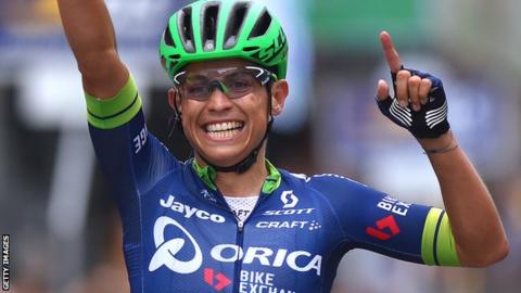 Esteban Chaves celebrates winning Giro di Lombardia